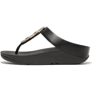 FitFlop Fino Crystal-Chain Leather Toe-Post Sandals | Leather, Cushioning, Rhinestones, Casual, Slip-On(Black)