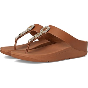 FitFlop Fino Crystal-Chain Leather Toe-Post Sandals | Leather, Cushioning, Rhinestones, Casual, Slip-On(Deep Tan)