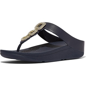 FitFlop Fino Crystal-Chain Leather Toe-Post Sandals | Leather, Cushioning, Rhinestones, Casual, Slip-On(Midnight Navy)