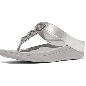 FitFlop Fino Crystal-Chain Leather Toe-Post Sandals | Leather, Cushioning, Rhinestones, Casual, Slip-On(Silver)
