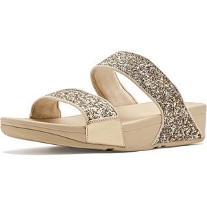FitFlop Lulu Multi-Tonal Glitter Slides | Padded Slip-On Sandals w/ Ergonomic Triple-Density Microwobbleboard Midsole(Platino/Silver)