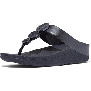 FitFlop Women’s Halo Bead-Circle Metallic H-bar Slides Wedge Sandal – Leather Slip-On with Microwobbleboard Technology & Slip Resistant Rubber Outsole, Comfortable Footwear | Synthetic, Rhinestones, Ornamented, Slip-On(Metallic Midnight Navy)