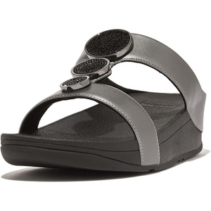 FitFlop Women’s Halo Bead-Circle Metallic H-bar Slides Wedge Sandal – Leather Slip-On with Microwobbleboard Technology & Slip Resistant Rubber Outsole, Comfortable Footwear | Synthetic, Rhinestones, Ornamented, Slip-On(Pewter Black)