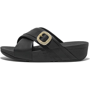 FitFlop Women’s Lulu Crystal-Buckle Leather Cross Slides(Black)
