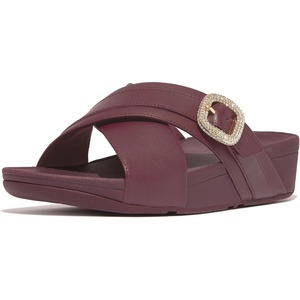 FitFlop Women’s Lulu Crystal-Buckle Leather Cross Slides(Mauve Wine)