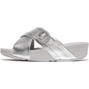 FitFlop Women’s Lulu Crystal-Buckle Leather Cross Slides(Silver)