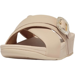 FitFlop Women’s Lulu Crystal-Buckle Leather Cross Slides(Stone Beige)