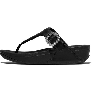 FitFlop Women’s Lulu Crystal-Buckle Leather Toe-Post Sandal(All Black)
