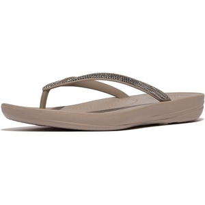 FitFlop Womens iQushion Sparkle Ergonomic Flip Flops for Walking, Lightweight Waterproof Cushioned Thong Sandals for Women with Non Slip Bottom and Arch Support | Lightweight Waterproof Walking Sandals w/Cushioned Comfort & Arch Support(Taupe/Pewter)
